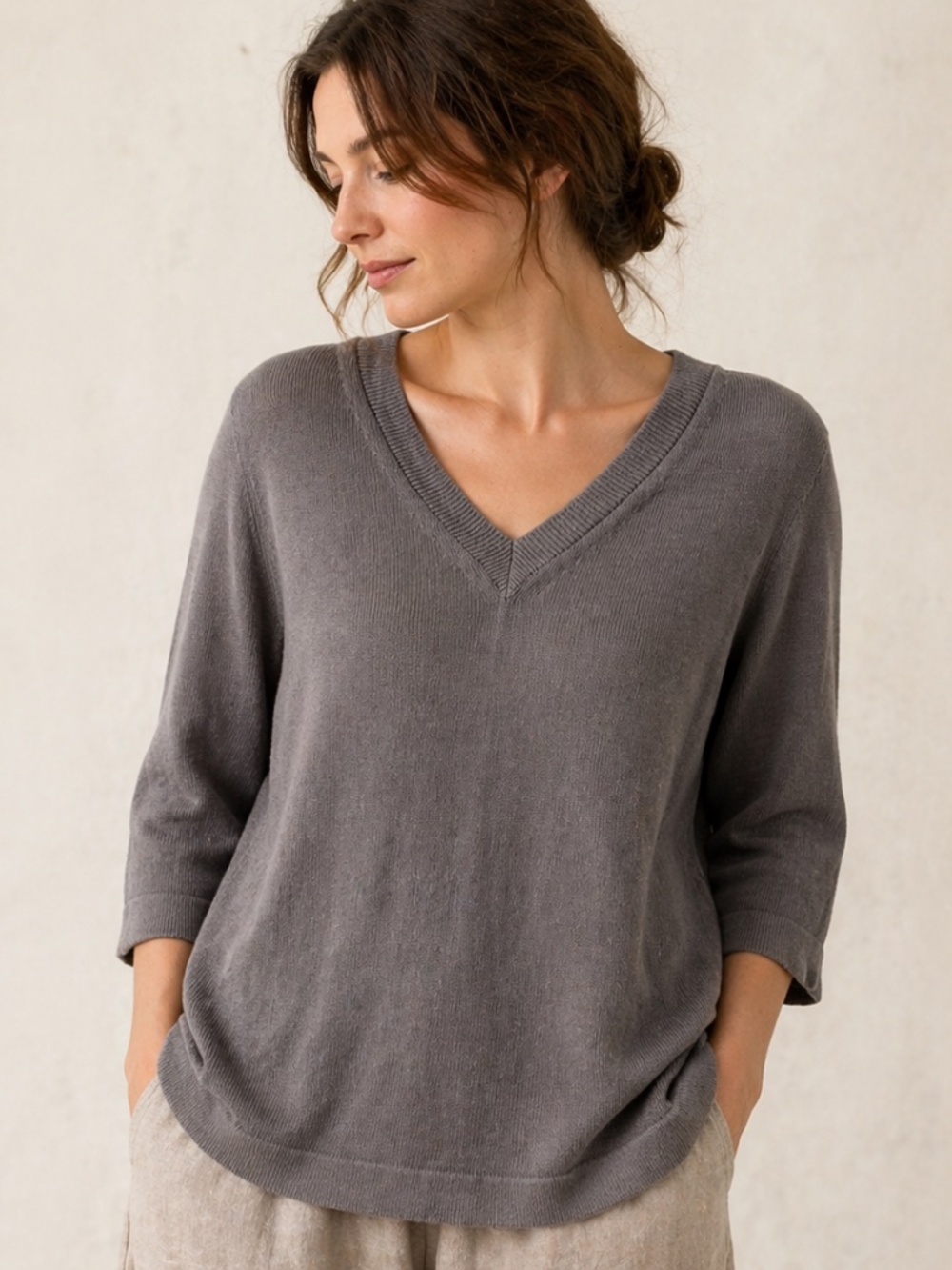 Luigi Baldo XL Italian Linen Sweater Tunic Taupe Gray V Neck Lagenlook